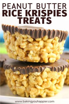 three peanut butter rice krispies are stacked on top of each other with chocolate in the middle