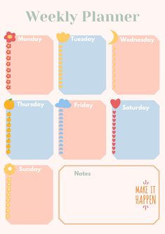 the printable weekly planner is shown in pink, blue and yellow