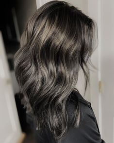 Black To Gray Balayage, Gray Biolage Highlights, Highlights To Blend Gray Hair Black, Platinum Grey Balayage, Best Highlights To Cover Gray Hair Dark, Grey Mushroom Hair Color, Short Gray Highlighted Hair, Focus Foil Highlights, Gray And Silver Highlights On Black Hair