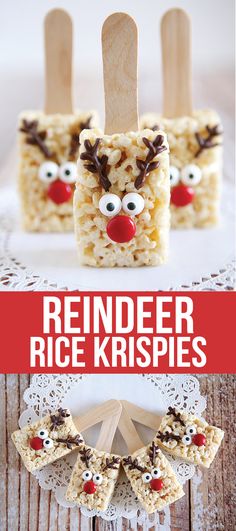 reindeer rice krispies are on sticks and ready to be eaten