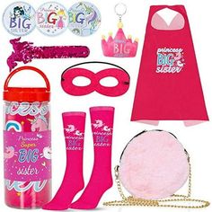 BIG SISTER GIFTS FOR GIRLS:Make for the best sister gifts! Our super big sister set is packed in a plastic bucket. Crown keychain hanging on the bag, the unicorn slap bracelet on the wrist, a cute badge, sister socks, and LED light up bags are continuous flashing with sparkly blinking. Crown Keychain, Promoted To Big Brother, Big Sister Gifts, Plastic Buckets, Slap Bracelets, Best Sister, Unicorn Gifts, Basket Sets, Sister Brother