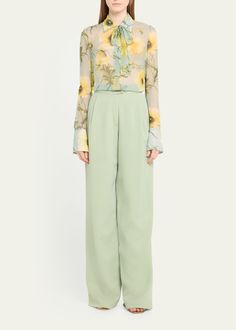 Find OSCAR DE LA RENTA Floral Print Silk Chiffon Blouse With Tie Neckline on Editorialist. Oscar de la Renta silk chiffon floral print blouse features a selftie neckline Spread collar Button front closure Long sleeves Midlength Relaxed fit Silk Made in Italy Spring Formal Silk Crepe Blouse, Elegant Green Chiffon Blouse, Green Chiffon Blouse For Work, Spring Silk Chiffon Blouse, Silk Chiffon Blouse For Spring, Spring Silk Chiffon Blouse For Work, Elegant Floral Print Georgette Blouse, Silk Chiffon Tops For Spring Workwear, Elegant Georgette Blouse With Floral Print