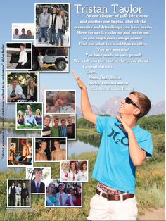 a man in blue shirt standing next to a lake with pictures of people on it