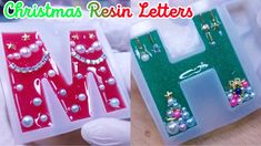 christmas resin letters with pearls and bows on them are in plastic cases, one is green and the other is red