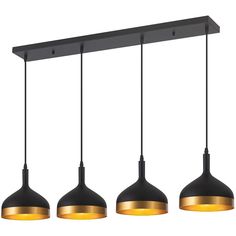 three black and gold pendant lights hanging from a long bar ceiling light fixture with four round shades