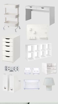 an assortment of white furniture and accessories on a gray background, including drawers, shelves, cabinets, lamps, and more