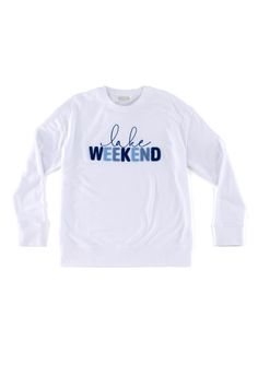 Creatures of comfort, rejoice! Shiraleah's "Lake Weekend" Sweatshirt joins our popular line of phrase-driven apparel items. Made from a lightweight cotton blend, this breathable piece is perfect for lounging at home or by the lakefront. Featuring soft multicolored toothbrush embroidery, this sweatshirt is perfect for the lake lover in your life. Pair with other items from Shiraleah to complete your look! Features a neutral white color with the words "lake weekend" embroidered with letters in dif Comfortable Cotton Sweatshirt For Relaxation, Casual Cotton Sweatshirt For Relaxation, White Top For Weekend In Fall, White Tops For Weekend In Fall, White Tops For Weekend Fall Season, White Tops For Weekend Fall Wear, Casual White Tops For Weekend, Crew Neck Cotton Sweatshirt For Relaxation, Weekend Relaxed Fit Crew Neck T-shirt