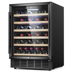 a wine cooler with many bottles and glasses on the door, in front of a white background