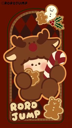 a christmas card with an image of a teddy bear holding a candy cane and gingerbreads