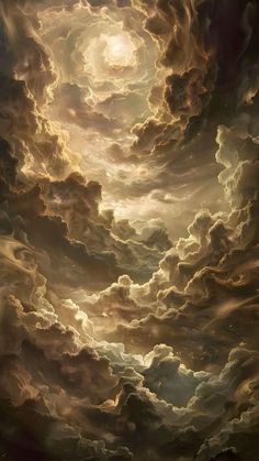 a painting of clouds with the sun shining through them