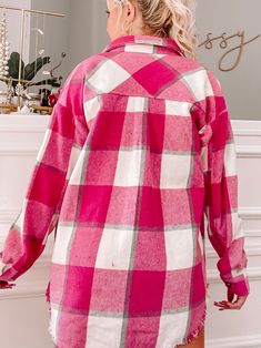 The Tegan Shacket from Sassy Shortcake is a hot pink plaid shacket. She has an oversized fit. Model wearing a size small. Lined. content: 100% polyester Spring Plaid Flannel Outerwear, Oversized Pink Top With Pockets, Pink Long Sleeve Shacket For Winter, Oversized Flannel Shacket With Pockets, Pink Long Sleeve Winter Shacket, Oversized Plaid Outerwear, Trendy Oversized Flannel Outerwear, Trendy Plaid Shacket, Trendy Oversized Plaid Shacket