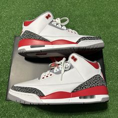 The Shoes Are Pre-Owned In Good Condition. There Is A Stain On The Left Shoe Shoelace, & Creasing On The Toe Box. The Price Is Firm. Jordan 3 Retro, Jordan Red, Air Jordan 3 Retro, Air Jordan 3, Jordan 3, Jordans For Men, Red Fire, Jordan Shoes, Mens Shoes Sneakers