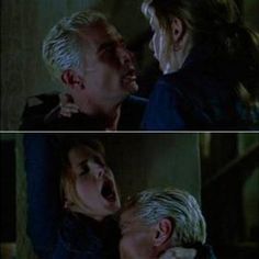 two pictures of the same man and woman in different scenes, one with his mouth open