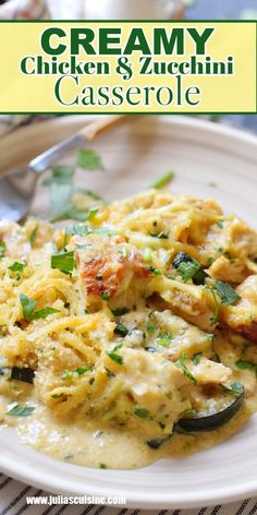 creamy chicken and zucchini casserole on a white plate