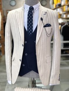 Valencia Ecru Striped Suit – brabion Luxury Men's Suits With Vertical Stripes, Luxury Men's Vertical Stripe Suits, Elegant Striped Single-breasted Suit, Formal Pinstripe Suits With Double-breasted Button, Luxury Pinstripe Single-breasted Suits, Look Formal, Bespoke Suit, Slim Fit Suit, Men’s Suits