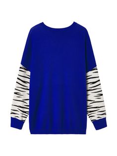 Details: Long sleeve crewneck knit in royal blue Dropped shoulder Ribbed knit cuff and hem Twin tiger motif knit on sleeves Oversized fit Materials & Care: 62.8% Viscose, 37.2% Polyester Hand wash | Dry clean Do not bleach Size & Fit: Model is 5'7", Bust 32, Waist 24, Hips 35, wearing a size S Item #: LL1KT096G Knit Crew Neck Tops With Striped Sleeves, Knit Tops With Striped Sleeves And Crew Neck, Blue Winter Sweater With Striped Cuffs, Crew Neck Knit Sweater With Striped Sleeves, Knit Crew Neck Sweater With Striped Sleeves, Knit Sweater With Striped Sleeves And Crew Neck, Winter Knit Tops With Striped Sleeves, Knit Tops With Striped Sleeves For Winter, Blue Striped Sleeve Tops For Fall