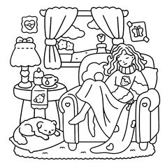 a black and white drawing of a woman sitting on a couch in her living room