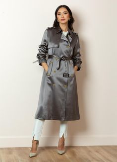 Jessie Liu Satin Trench Coat Satin Trench Coat, Sleeve Straps, Beautiful Wardrobe, Long Leather Coat, Fashion Life, Raincoats For Women, Outwear Jackets, Perfect Style, Night Shirt