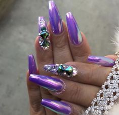 17 Enchanting Purple Chrome Nail Design Ideas Purple Chrome Nails With Rhinestones, Chrome Nails With Bling, Purple Crocodile Nails, Chrome Rhinestone Nails, Chrome Nail Design, Purple Chrome, Chrome Nail Polish, Purple Holographic