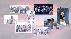 the collage shows many different people in white shirts and blue jeans, with pink clouds behind them