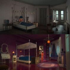 two different pictures of a bedroom with purple walls