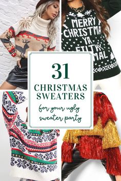 christmas sweaters for women with text overlay that reads, 31 christmas sweaters for your ugly sweater party