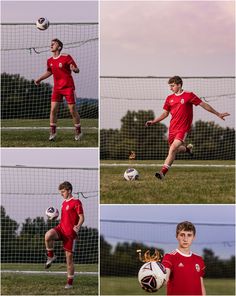 four different shots of a young man kicking a soccer ball in front of a goal