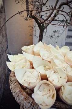 a bunch of flowers that are sitting in a bowl on a table next to a tree