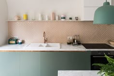 a kitchen with a sink, stove and counter top next to a potted plant