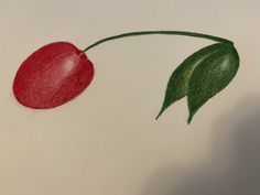 a drawing of a cherry with green leaves