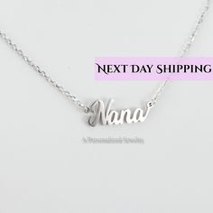 "The dainty Nana Script Necklace features the word \"Nana\" in custom script font.  It sits beautifully on the neckline and looks stunning, whether worn alone or layered. Dainty Nana Charm in Minimalist Script Font has an inch extension length of 16 to 18 inches. Features 8mm Capital and 5 mm lower case letters." Nana Shin Necklace, Nana Matching Necklaces, Nana Necklace, Script Necklace, Magnetic Latch, Premium Jewelry, Drop Down List, Pretty Necklaces, Lower Case