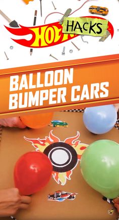 an advertisement for balloon bumper cars is shown in front of a clock with balloons on it