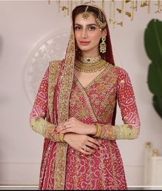 a woman in a red and gold bridal outfit with jewelry on her head, standing next to a plant