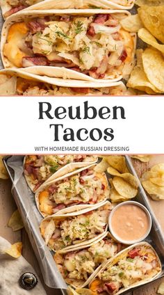 the recipe for reuben tacos with homemade mexican dressing and tortilla chips