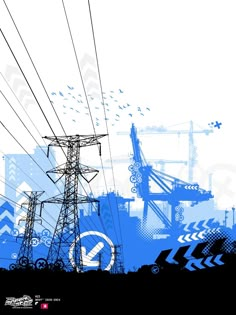 an image of power lines with blue and white colors in the background that is very artistic