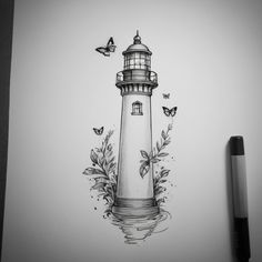 a drawing of a lighthouse with butterflies flying around it