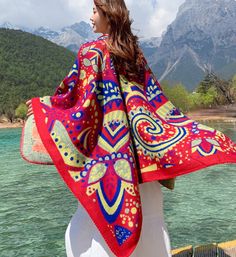 Multi-purpose Tibetan Style Shawl Cashew Flower Cloak Winter Warm Open National Wind Air-conditioning Scarf Red Bohemian Shawl With Floral Print, Shawl Scarf, Boho Stil, Sweatshirt Dress, Cashew, Cloak, Ballerinas, Chinese Style, Unique Print