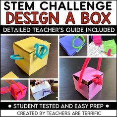 Can you use a few supplies and build a container? It must hold weight and follow all the design rules! Your students will love this STEM Activity and making these little containers and you will love the easy-to-prep challenge! Add learning about volume and this activity is a win-win.What is the challenge? Students use the materials to design and build a box. They have only one piece of paper!The box has some requirements- a handle, a latch to keep the lid closed, and the lid must hinge.To test t Volume Activities, Box Challenge, Stem Design, Stem Activity, Box Building