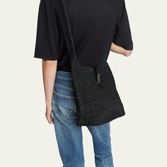 Saint Laurent "LE 5 A 7" hobo bag features a raffia design Crossbody strap; approx. 18.5"L Can be worn on the shoulder or crossbody Leather strap with Cassandre buckle closure Interior leather logo patch  Approx. 14.1"H x 11.8"W x 5.9"D Viscose/leather Professional cleaning recommended Made in Italy Designer Summer Shoulder Bag With Adjustable Strap, Designer Shoulder Bag With Adjustable Strap For Summer, Designer Crossbody Straw Bag For Travel, Designer Straw Crossbody Bag For Travel, Designer Woven Shoulder Bag For Travel, Designer Black Bags For Vacation, Designer Crossbody Shoulder Bag For Summer, Summer Designer Crossbody Shoulder Bag, Designer Travel Straw Shoulder Bag