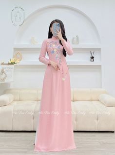 🌻Material: Lụa vân gỗ Stretchy level: 2/10 🌻 The measurement of this ao dai (long dress) is in Vietnamese size (American size tends to be bigger for the same size). Please LOOK AT THE SIZE CHART CAREFULLY BEFORE ORDERING. There might have some chalk writings on the fabric due to making process. These marks can be washed away easily. 🌻🌻No returns or exchanges Buyer can contact seller about any issues with an order. 💜 Thank you very much!💜 Spring Embroidered Cheongsam With Stand Collar, Fitted Embroidered Ao Dai With Stand Collar, Fitted Ao Dai With Floral Embroidery And Stand Collar, Embroidered Fitted Ao Dai With Stand Collar, Elegant Stand Collar Kurta For Spring, Pink Embroidered Long Sleeve Maxi Dress, Pink Long Sleeve Embroidered Maxi Dress, Pink Ao Dai With Floral Embroidery For Wedding, Fitted Floor-length Kurta For Spring