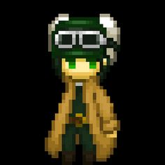 an image of a pixel art character wearing a green hat and glasses with his hands on his hips