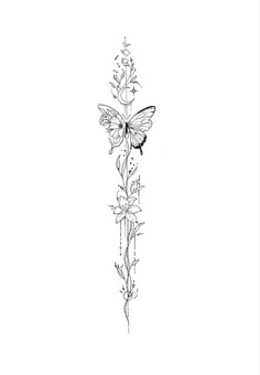 a black and white drawing of a flower with a butterfly sitting on top of it