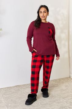 Curve Model, Dark Burgundy, Round Neck Top, Plaid Pajamas, Maxi Dress Formal, Elastic Waist Pants, Pocket Top, Loungewear Set, Round Neck Tops