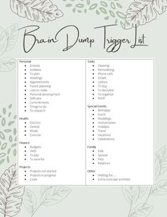 the printable plant dump planner is shown in green and white with leaves on it