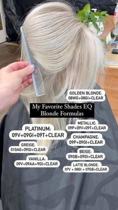 Growing Out Platinum Hair, Shades Eq Toner Formulas For Brassy, Shades Eq Toner Formulas Buttery Blonde, Light Brown Toner Formula, Buttery Blonde Redken Shades Eq Formula, Golden Blonde Toner Formula Redken, Toner Shades, Blonde Color Chart, Toning Formulas