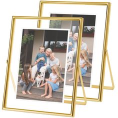 three gold frames with two pictures of children and their dog on them, one is holding a white puppy