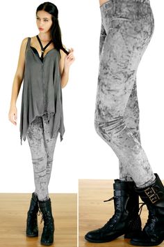 90's Silver Gray Grunge Crushed Velvet Leggings - low rise, full ankle length, and plenty of stretch for a great fit. Care: Machine wash cold w/ like colors. Tumble dry low heat. Made in Los Angeles, CA. Sizes: S/M = 2-6 L/XL = 8-12 Coastal Grunge, Space Demon, Outfit Ideas Leggings, Chocolate Brown Leggings, 90s Outfit Ideas, Velvet Clothing, Silver Leggings, Contemporary Loft, Latina Outfit