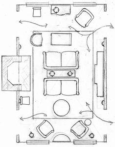 a drawing of a living room with couches, tables and other furniture in it