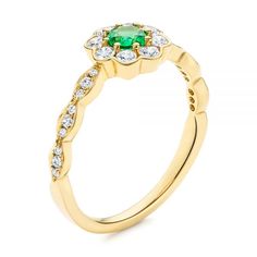 106008 14k Yellow Gold Ring   1 Emerald - .23 ctw   26 Diamonds - .43 ctw   Clarity: SI, Color: H-I. Flowers don’t only grow on plants! They bling and bloom in our signature pieces or fine jewelry products we carry at Joseph Jewelry. Our products are characterized by the style variety, ranging from the classic, to the organic, the vintage and the bold. What’s even better, you can design your own piece from A to Z, according to your likings and preferences.      Start your project online with one Green Cluster Diamond Ring With Center Stone, Green Diamond Ring With Halo Design, May Birthstone Yellow Gold Halo Diamond Ring, May Birthstone Diamond Cluster Ring With Brilliant Cut, Emerald Ring With Pave Setting For Promise, May Birthstone Diamond Ring With Halo Setting, Diamond Cluster Ring With Brilliant Cut For May Birthstone, Diamond Ring With Halo Setting And May Birthstone, Green Cubic Zirconia Diamond Ring With Halo Design