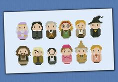 an image of pixel art with people in different outfits and hats on it's face